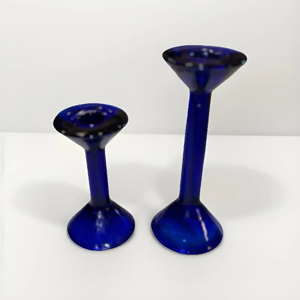 VINTAGE Pair Of Cobalt Blue Taper Candlestick Holders 4 And 6 Inches Tall 1970’s